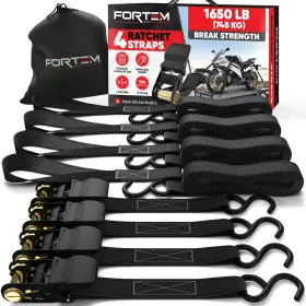 Fortem 819853025029 Ratchet Straps Tie Down Strap Set 1650lb Breaking Strength Black