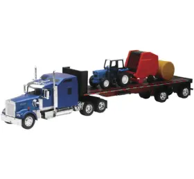 Ss-10353e New Ray Toys Kenworth W900 With Flatbed Tractor And Round Haybales/