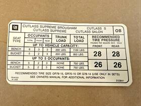 Oldsmobile 553841 1973 Jim Osborn Reproductions Olds Cutlass S Salon Supreme Tire Pressure Decal