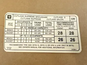 553841 Oldsmobile 1973 Jim Osborn Reproductions Olds Cutlass S Salon Supreme Tire Pressure Decal