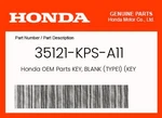 Honda Genuine Key, Blank (TYPE1) (key No. Ax 35121-KPS-A11 New. Price: $8.74.