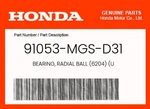 Honda Genuine Bearing, Radial Ball (6204) (u 91053-MGS-D31 New. Price: $13.37.
